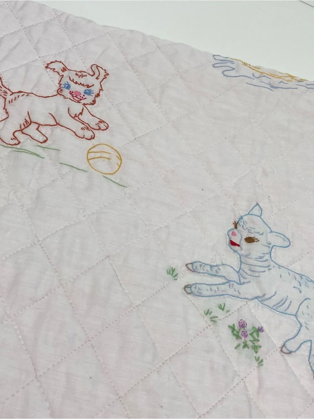 Vintage White & Pink Quilted Baby Blanket with Embroidered Animals